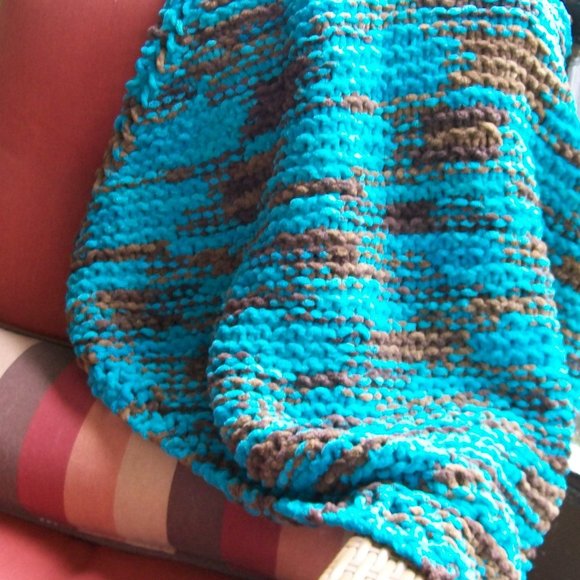 Hand Crafted Baby Blanket Hat Set Turquoise Blue Brown Chunky Swaddle - Picture 6 of 10